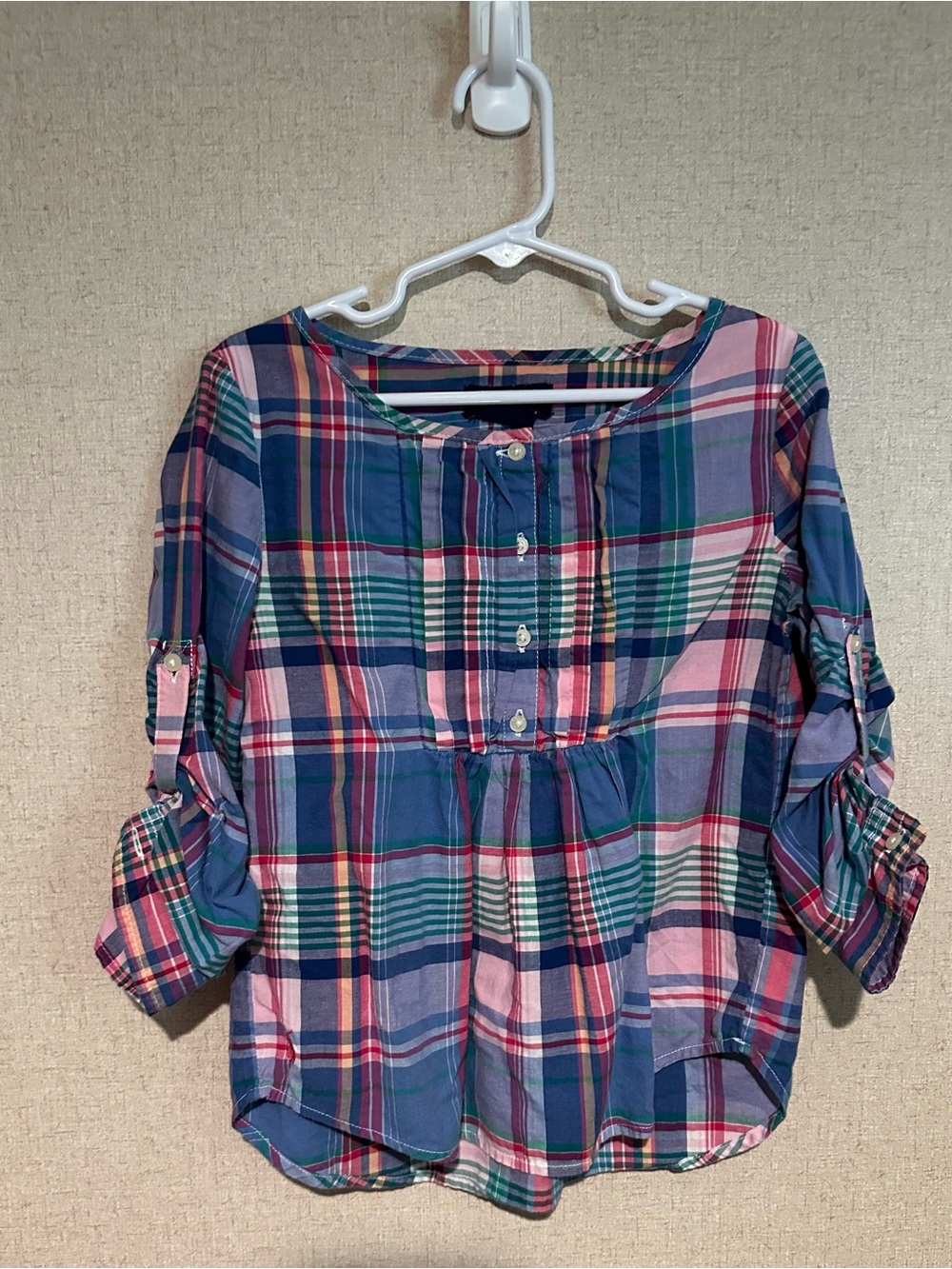 Ralph Lauren Girls Size 5 Plaid Button-Front Roll-Sleeve Top - Pink & Blue